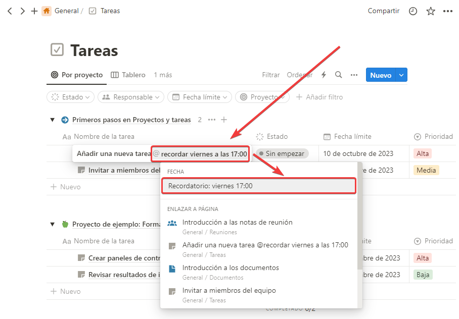 Ejemplo de recordatorio en línea de Notion