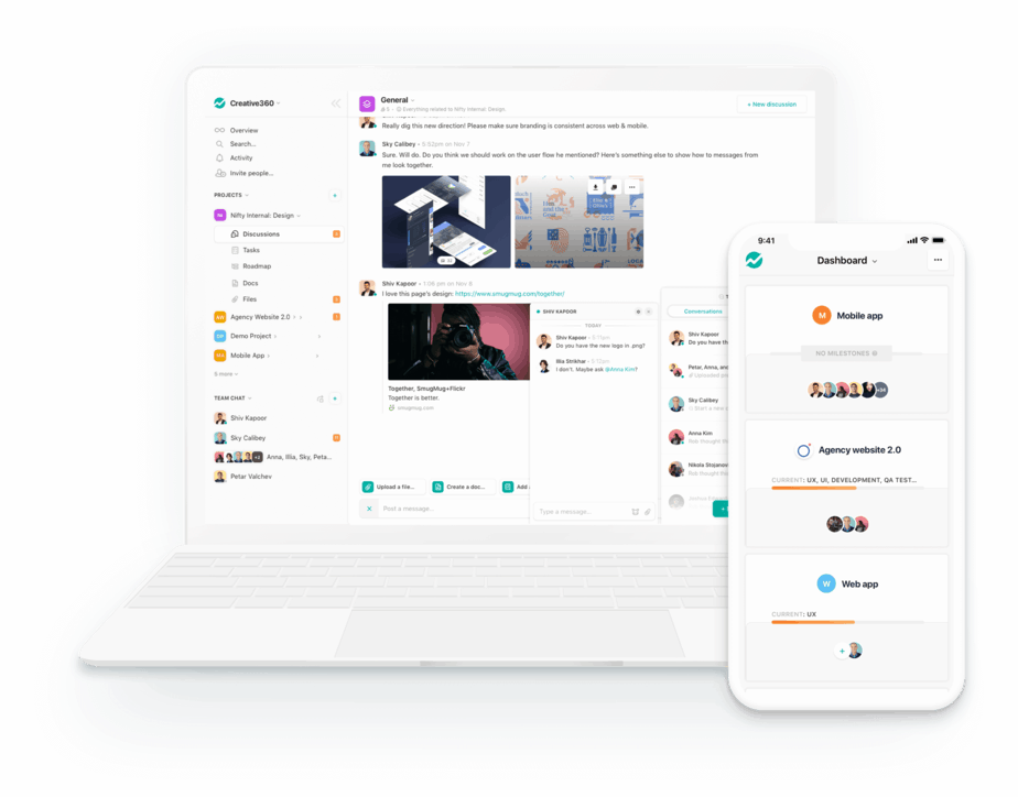 노트북과 휴대폰에 표시된 Nifty 프로젝트 관리 앱 — 노트북에는 파일·댓글·프로젝트 사이드바(작업, 로드맵, 파일, 팀 채팅)가 보이는 대화 피드가, 휴대폰에는 마일스톤과 담당자가 보이는 프로젝트 대시보드가 표시됨.