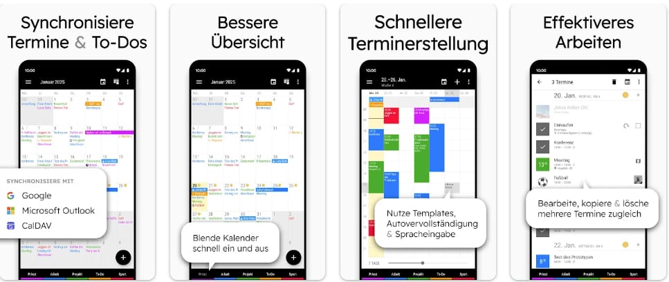 Business Calendar 2 auf Android: Termin- und Aufgabenansichten, Agenda-Übersicht, schnelle Planungstools und anpassbare Kalenderfarben für mehrere Kalender.