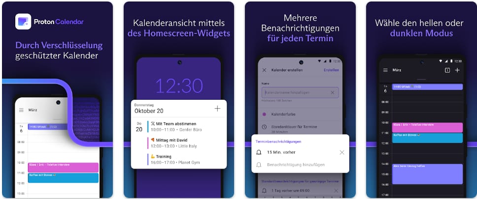 Proton Calendar auf Android: verschlüsselte Terminplanung, Startbildschirm-Widget, mehrere Benachrichtigungen pro Ereignis sowie Ansichten im Hell- und Dunkelmodus.