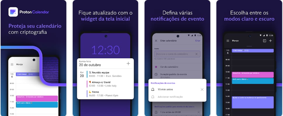 Capturas de tela do Proton Calendar no Android destacando calendário criptografado, criação de eventos, lembretes e widget na tela inicial em modo claro/escuro.
