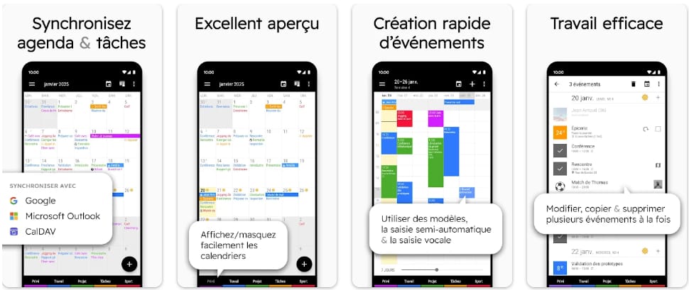 Captures d'écran de Business Calendar 2 sur Android montrant la vue agenda, des widgets et des événements codés par couleur.