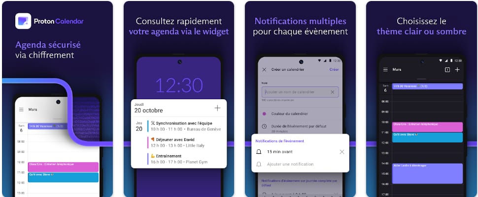 Captures d'écran de Proton Calendar sur Android mettant en avant un calendrier chiffré, des notifications et un widget.