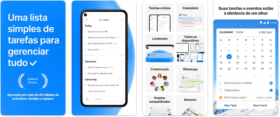 Capturas de tela do Any.do no Android mostrando planejador diário com tarefas e eventos lado a lado, lista de to-dos, lembretes e visão de calendário.
