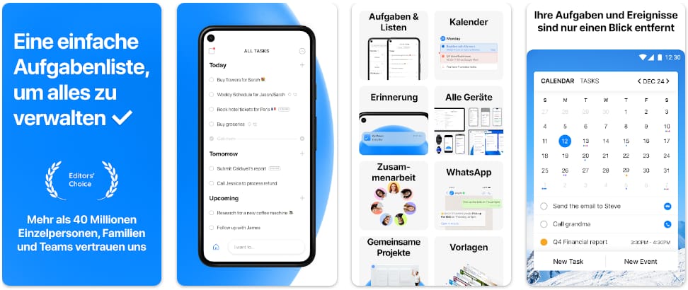 Any.do auf Android: tägliche Aufgabenliste mit Erinnerungen, Optionen zur Zusammenarbeit sowie Kalenderansicht mit Aufgaben und Terminen nebeneinander.