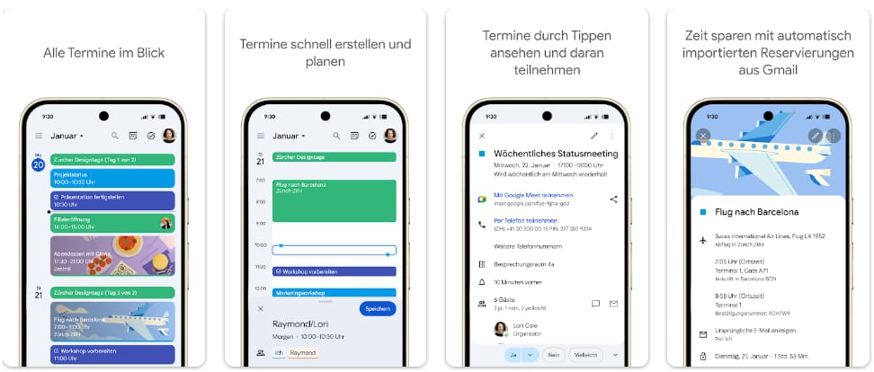 Google Kalender auf Android: Agenda-Ansicht, schnelle Terminerstellung, Teilnahme an Videomeetings mit einem Tipp und automatisch importierte Reisereservierungen aus Gmail.