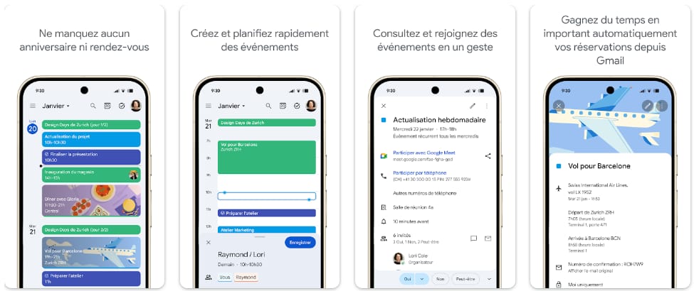 Captures d'écran de Google Agenda sur Android montrant la vue agenda, la création rapide d'événements et les rappels.