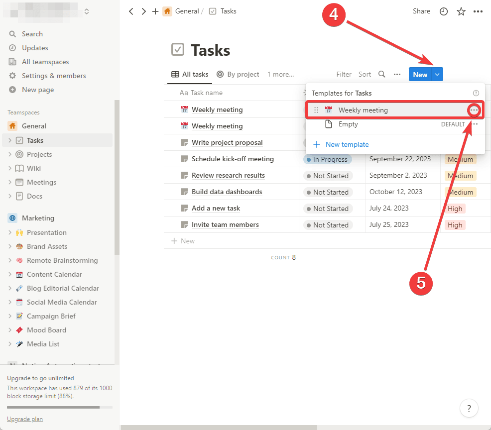 Configure the repeat settings by clicking the three dots icon on your template