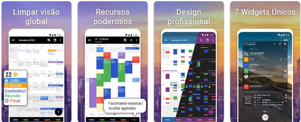 Capturas de tela do Business Agenda no Android mostrando visão de agenda com eventos por horário, edição rápida de compromissos e widgets para ver a semana na tela inicial.