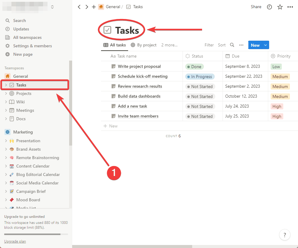 Tasks database in Notion