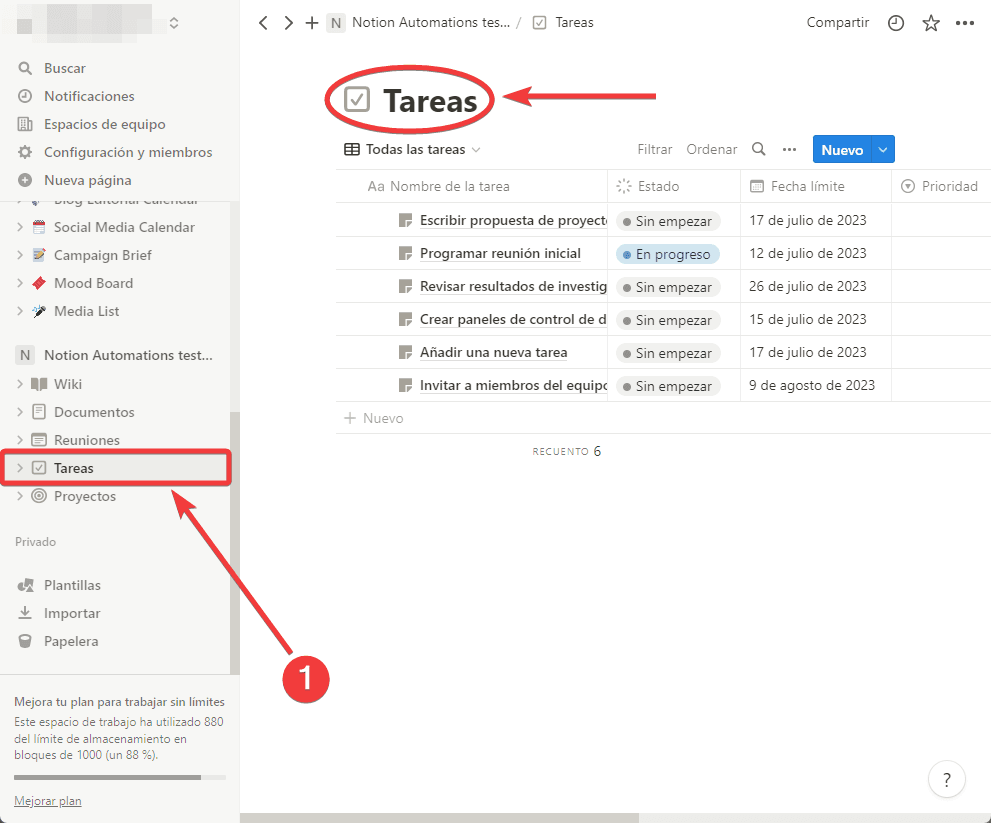 Base de datos de tareas en Notion