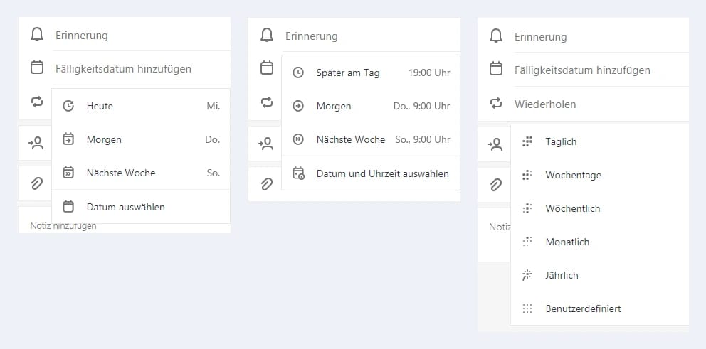 Die geöffneten Menüs Fälligkeitsdatum hinzufügen, Erinnerung und Wiederholen einer Aufgabe in Microsoft To Do, nebeneinander