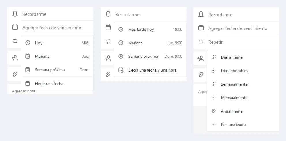 Los menús Agregar fecha de vencimiento, Recordarme y Repetir de una tarea de Microsoft To Do en español, abiertos uno junto a otro