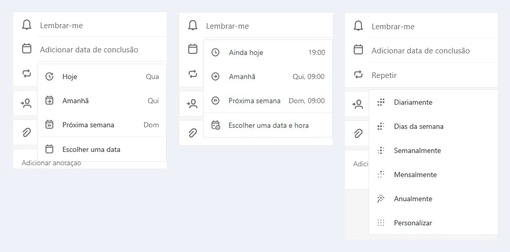 Os menus Adicionar data de conclusão, Lembrar-me e Repetir de uma tarefa do Microsoft To Do, abertos um ao lado do outro
