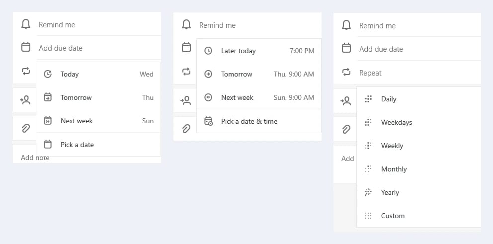 The Add due date, Remind me and Repeat menus of a Microsoft To Do task, side by side